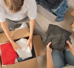 Woman,and,child,sorting,clothes,and,packing,into,cardboard,box.